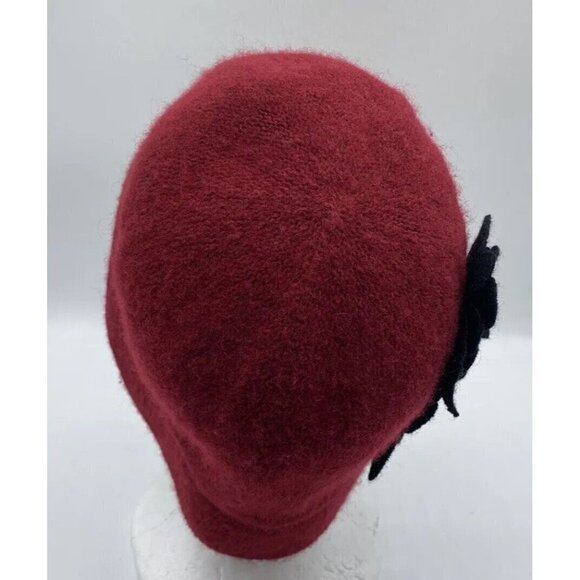 Badgley Mischka Red Wool Blend Cloche Bucket Hat with Gray Felt Flowers One Size - Picture 4 of 10